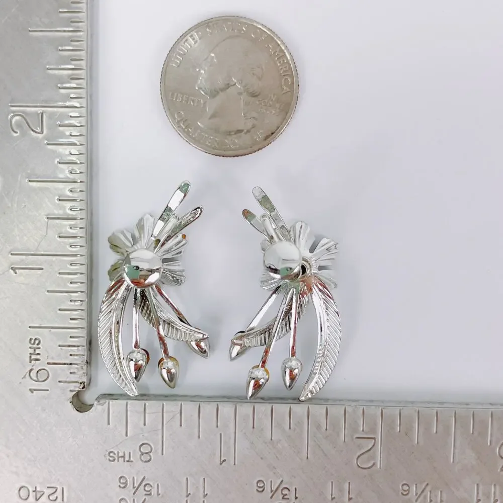 Vintage Mid Century Floral Spray Earrings Silver Tone Blue Rhinestone Screwback